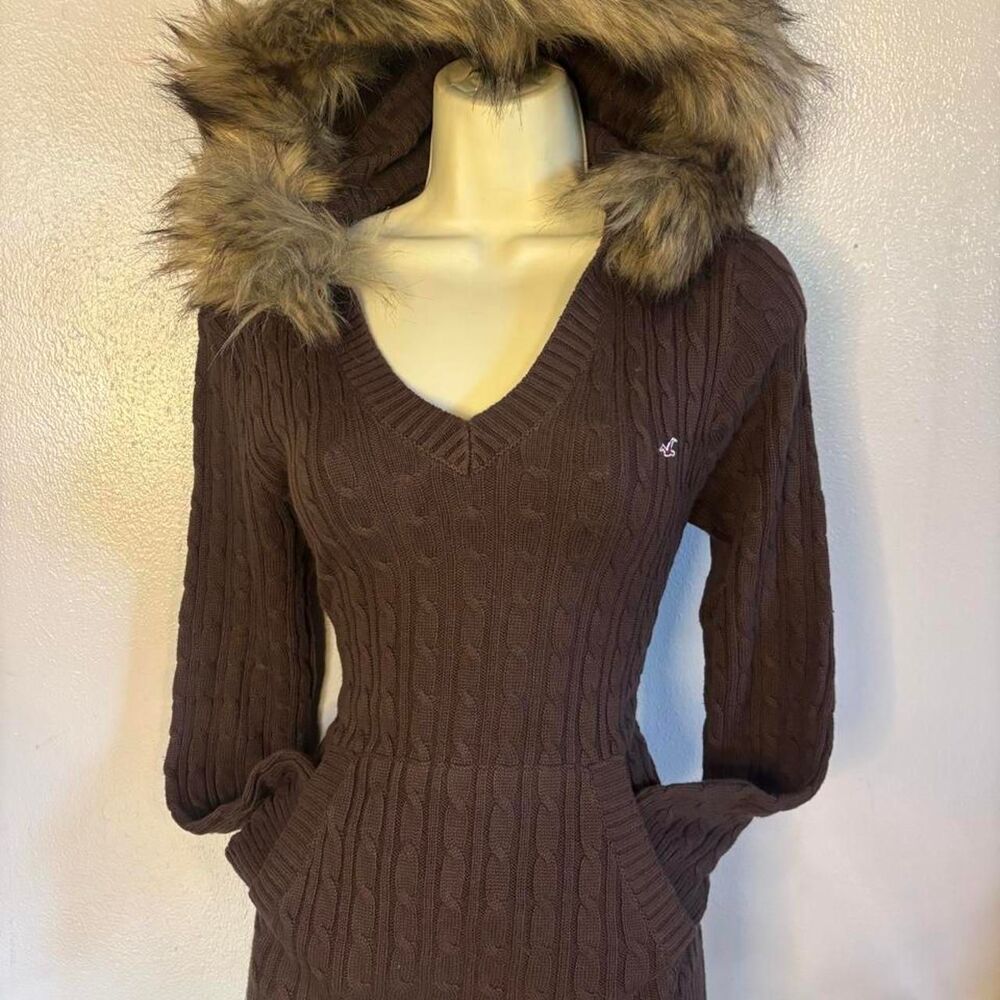 Hollister Y2K Brown Cable Knit Faux Fur Hooded Sweater S Bella Swan Fall Core